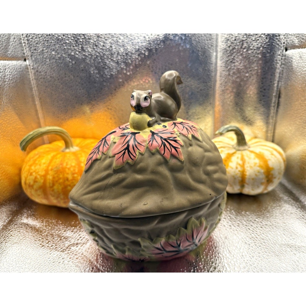 Vintage Ceramic Squirrel & Walnut Lidded Dish Fall Harvest Autumn Cottage Decor